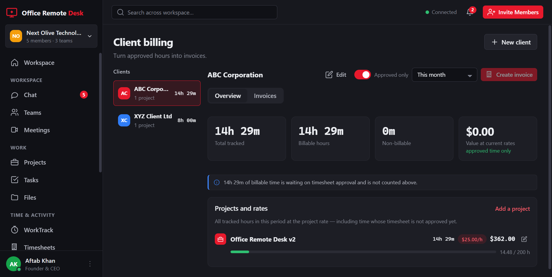 Client billing: tracked and billable hours for a client, project rates and budgets, and the value at those rates.