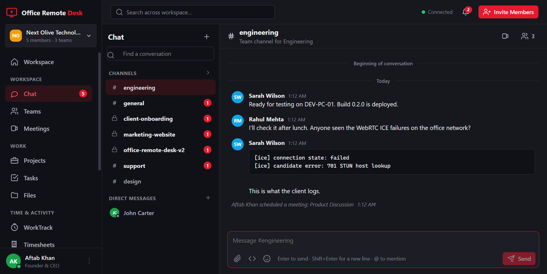 A channel conversation in the workspace, with the meeting and call controls in the header.