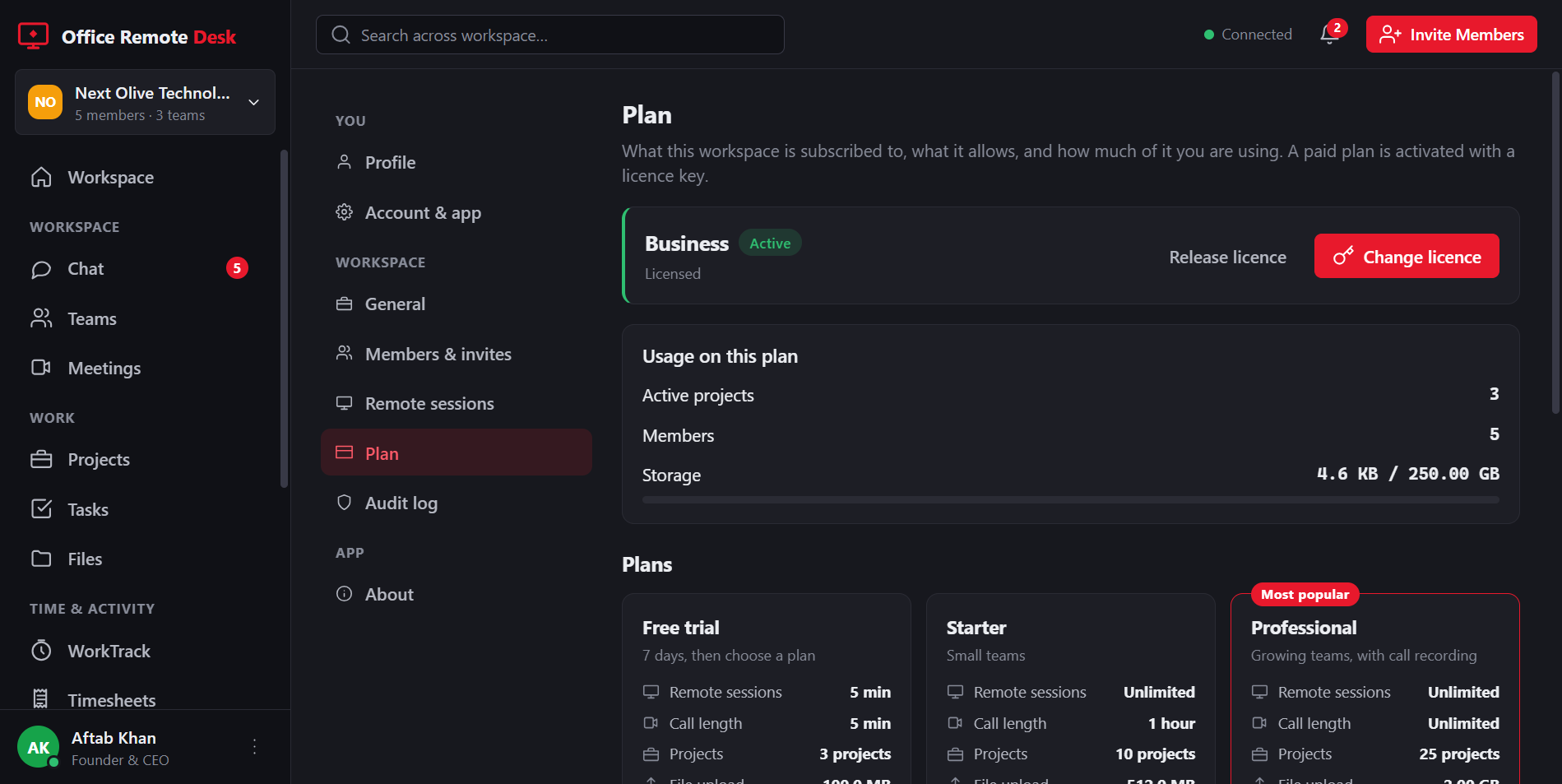 The Plan page in Office Remote Desk, showing the current subscription, usage against its limits, and the available plans.