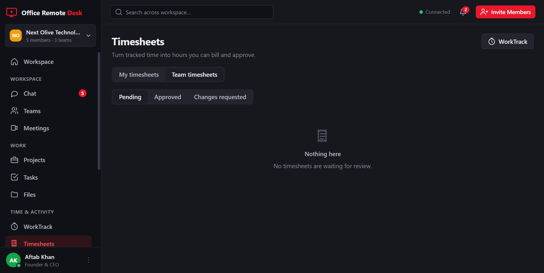 Team timesheets awaiting review, with tracked and billable hours per member and approve or request-changes actions.