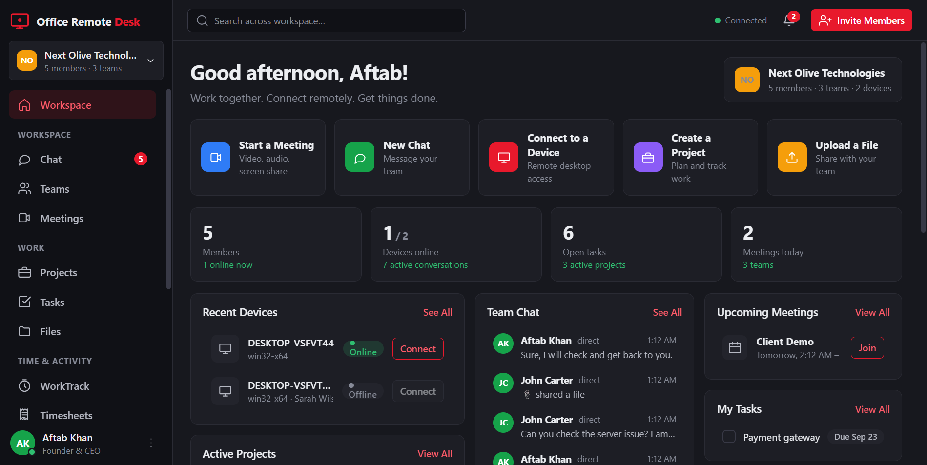 The workspace: channels and direct messages in the sidebar, a project board with tasks, and the team online.
