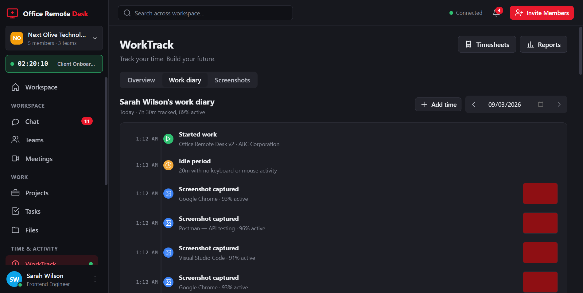 The work diary: a timeline of the day with the work that was started, screenshots captured, idle periods and totals.