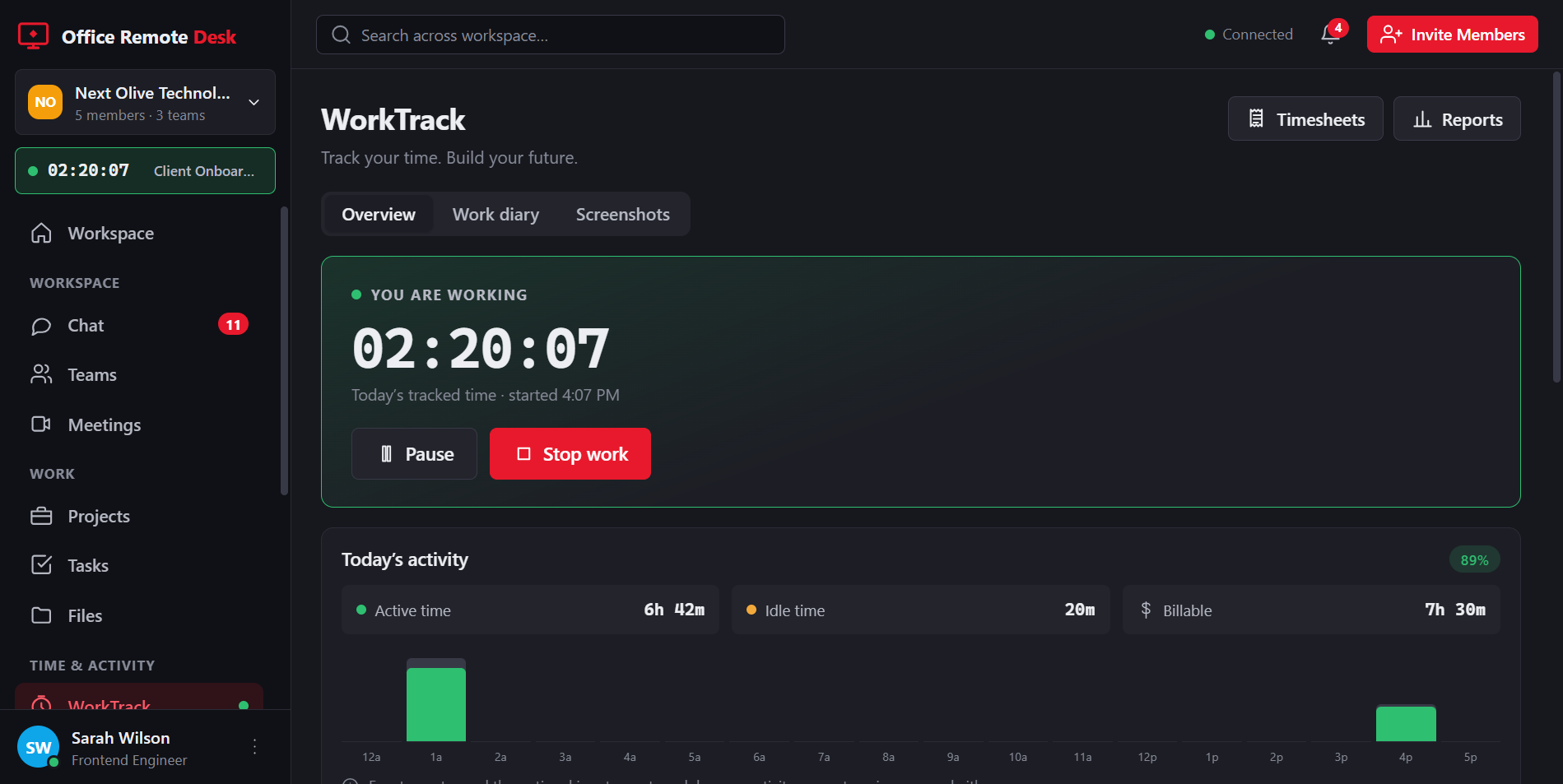 Office Remote Desk: the WorkTrack screen with a running work timer, today's active and idle time, and the workspace sidebar.